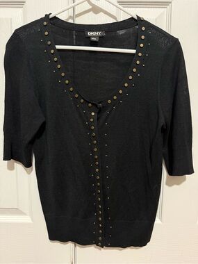 DKNY Black Knit Top with Gold Accent Studs